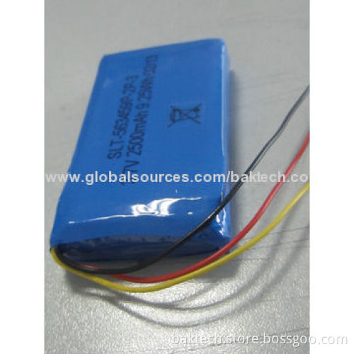 Li-polymer Battery Pack, 3.7V/2500mAh, 1S2P/Cell 563459P w/PCM & NTC, Lead Outer Wires & Connector